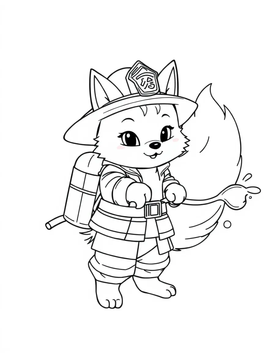 Firefighter kitsune carrying water with each tail