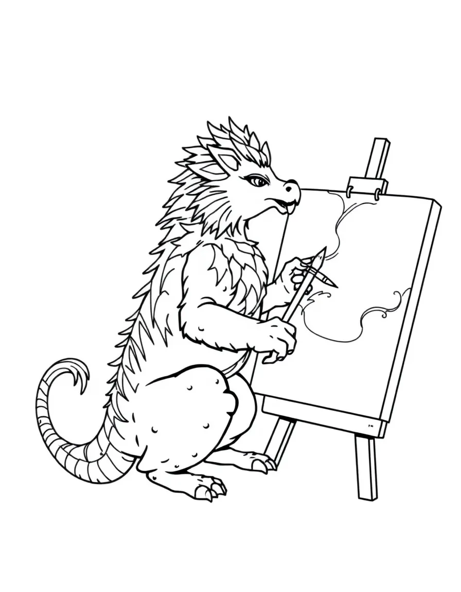 Artist manticore painting with tail as paintbrush