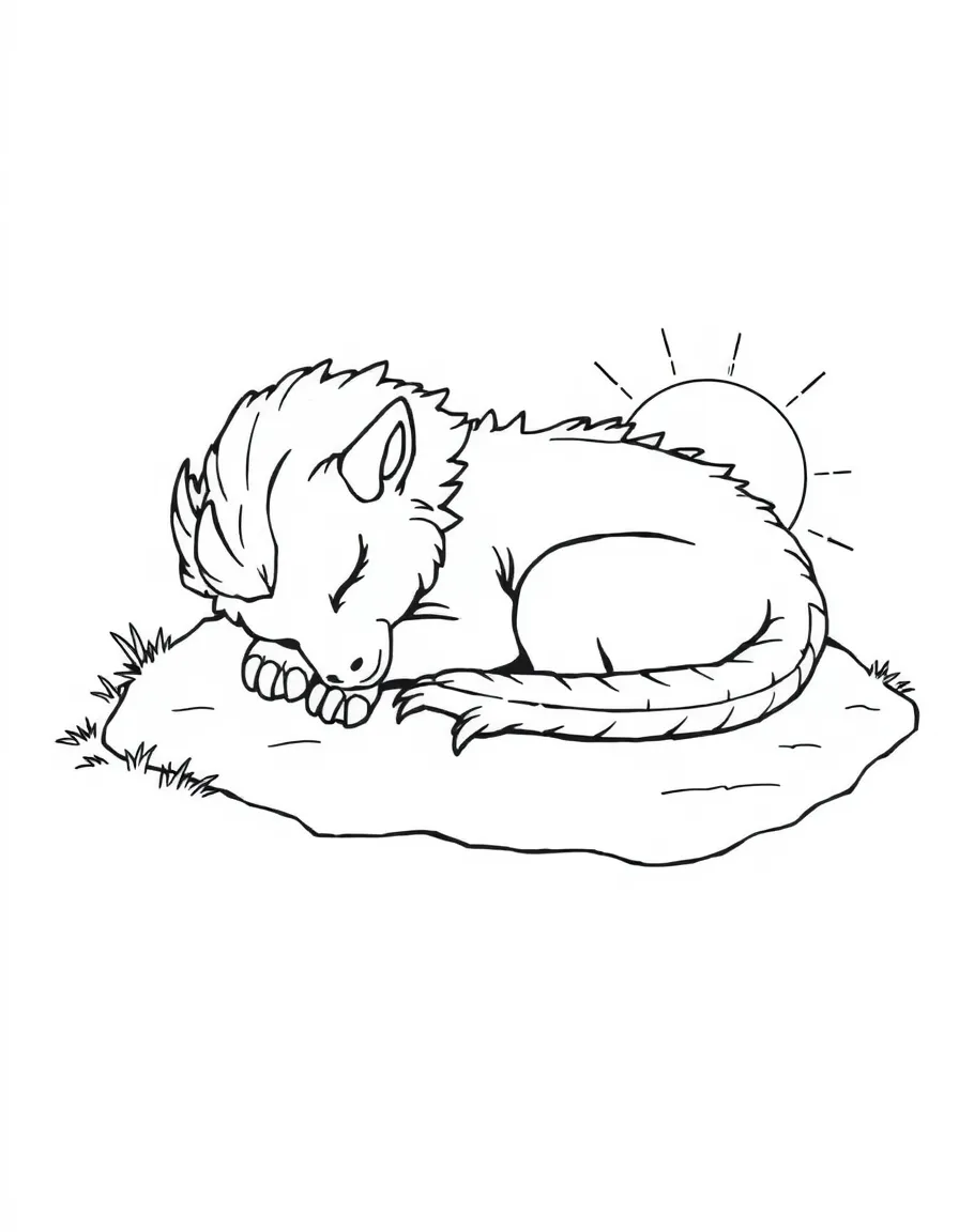 Sleepy manticore curled up in sunshine spot