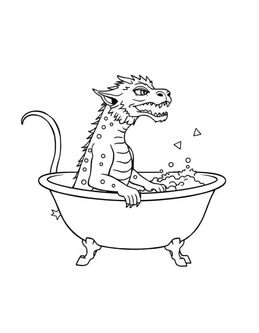 Manticore trying to take a bath in too-small tub