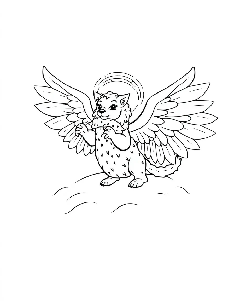 Winter manticore making snow angels with wings spread