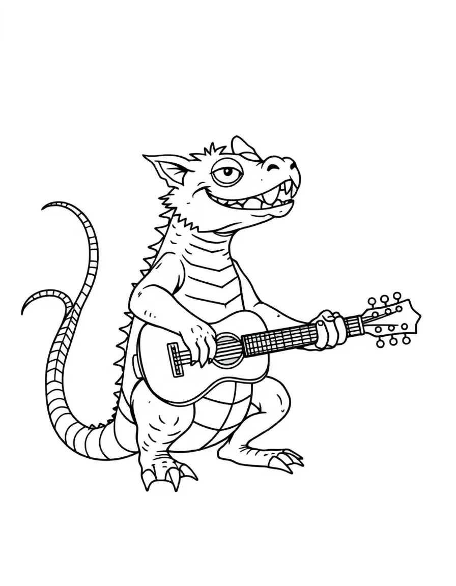 Manticore musician playing tiny guitar with tail