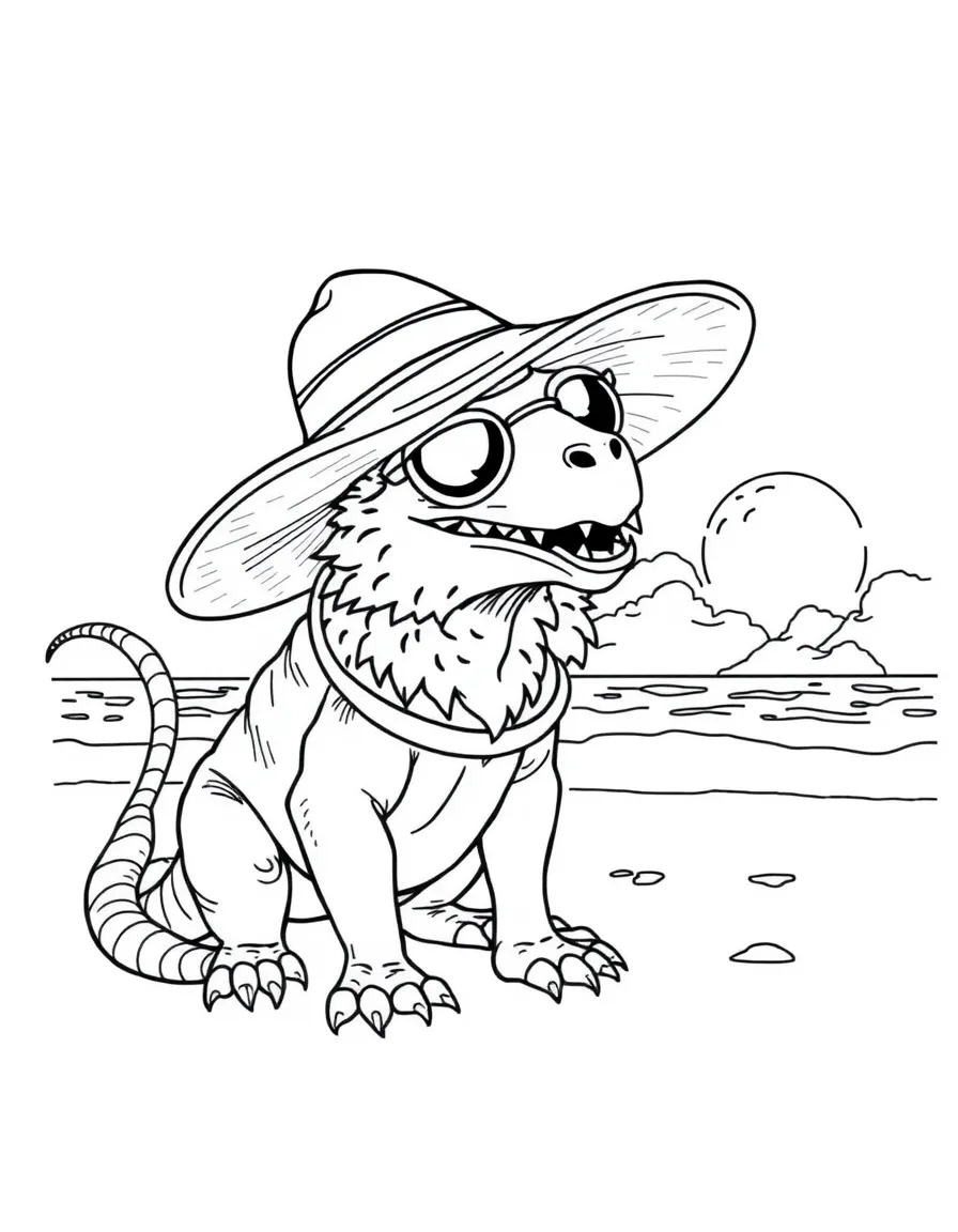 Manticore wearing oversized sun hat at the beach