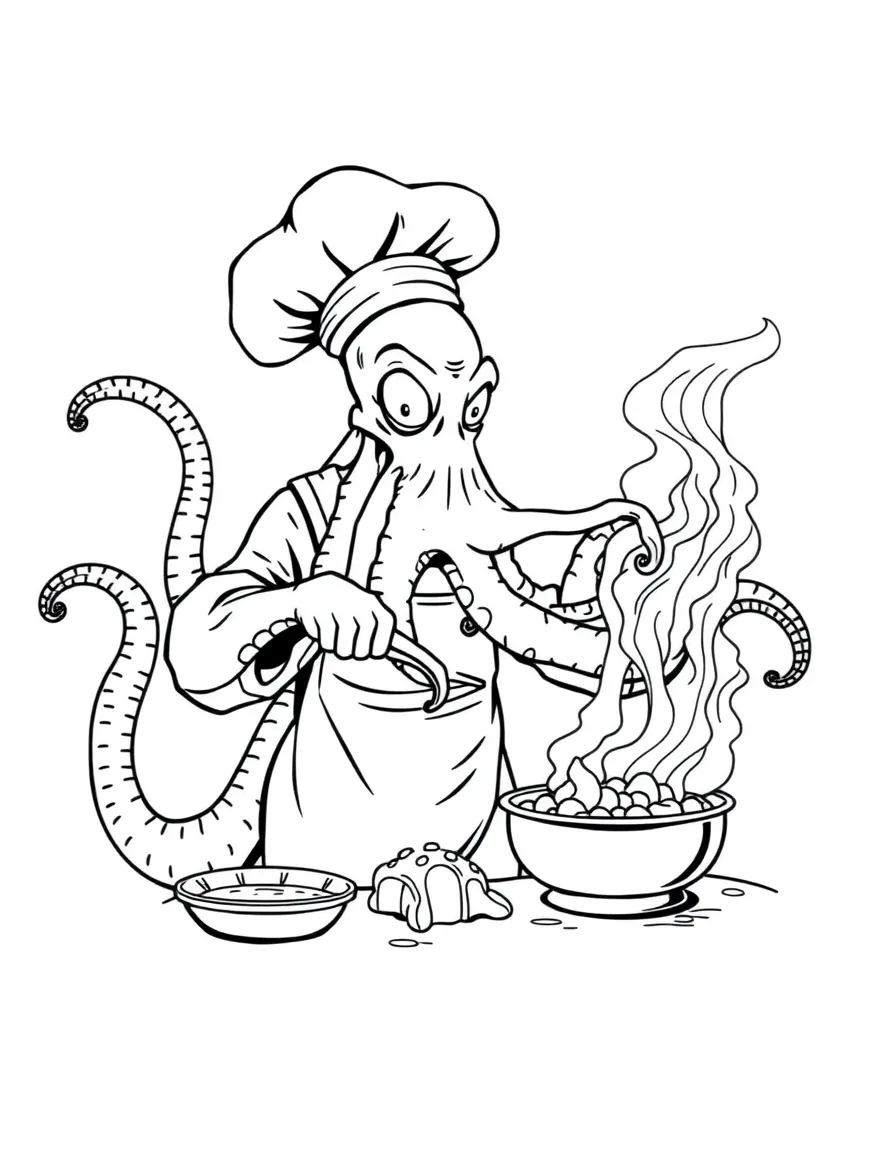 Kraken chef using multiple tentacles to cook dishes