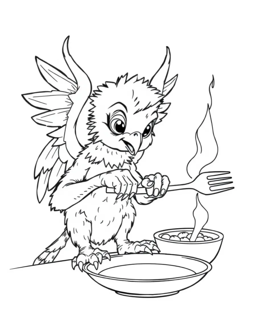 Harpy trying to use human utensils with wing-hands