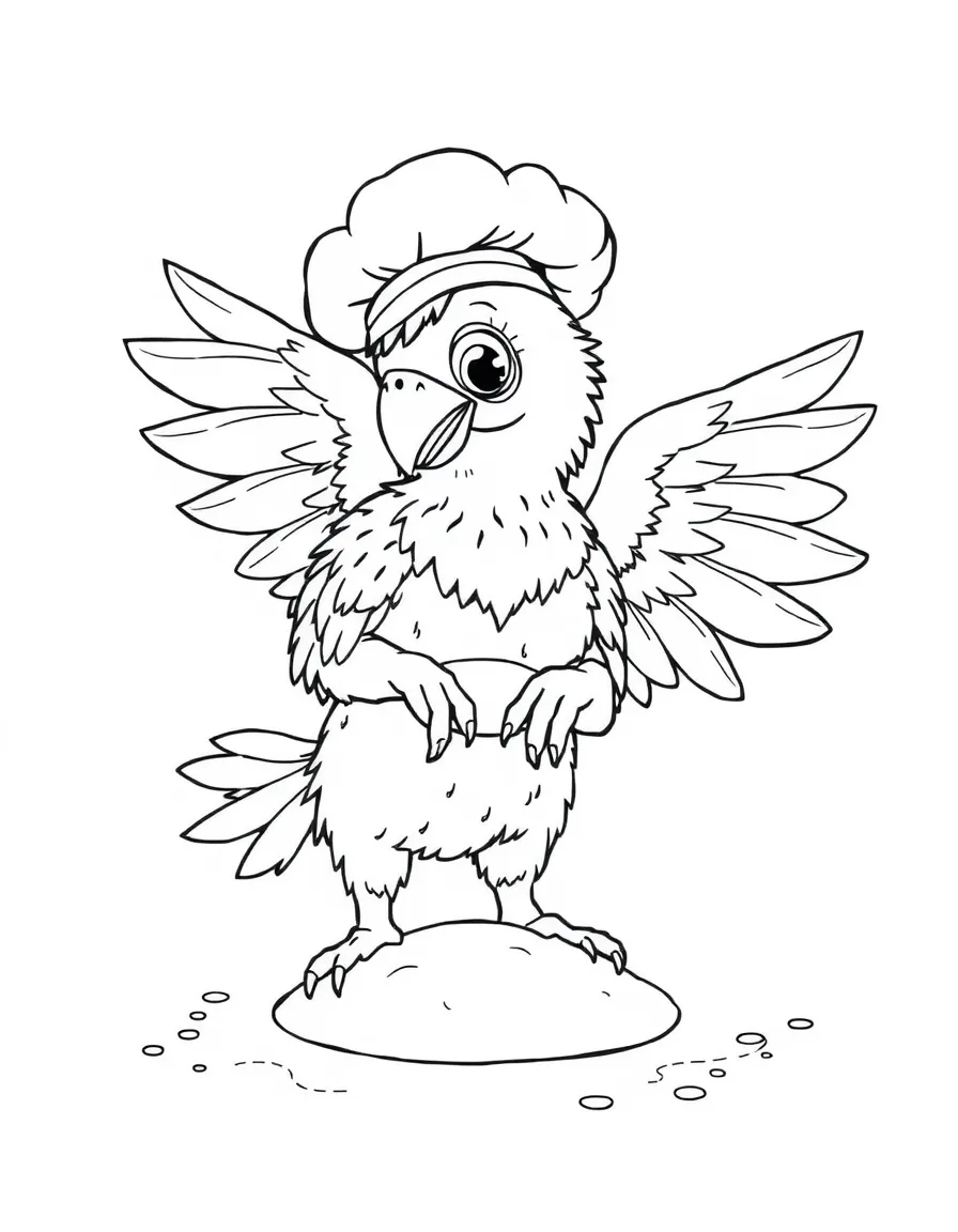 Baker harpy with flour-dusted feathers kneading dough