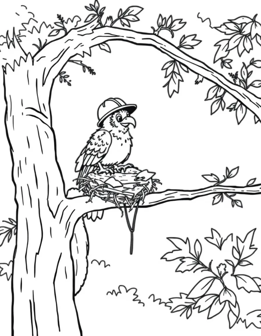 Construction worker harpy building nests in trees