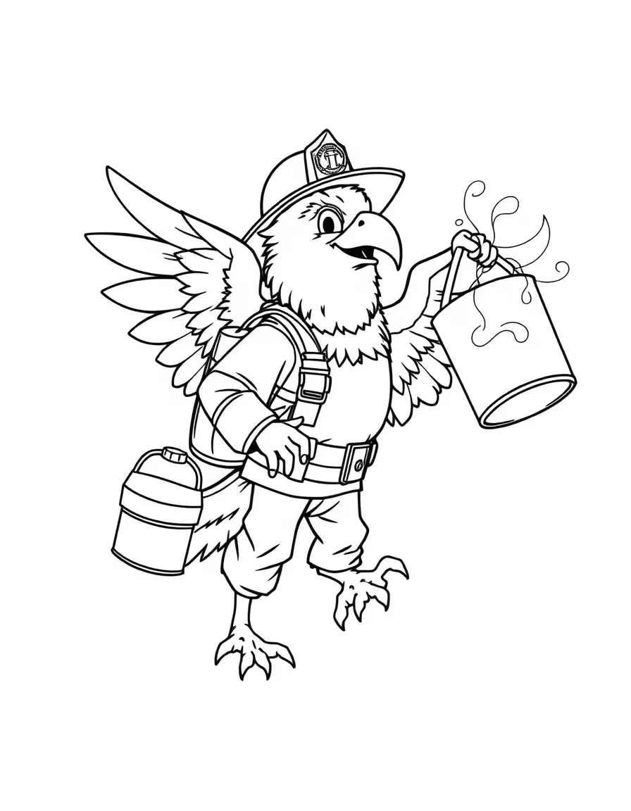 Firefighter harpy carrying water bucket in talons