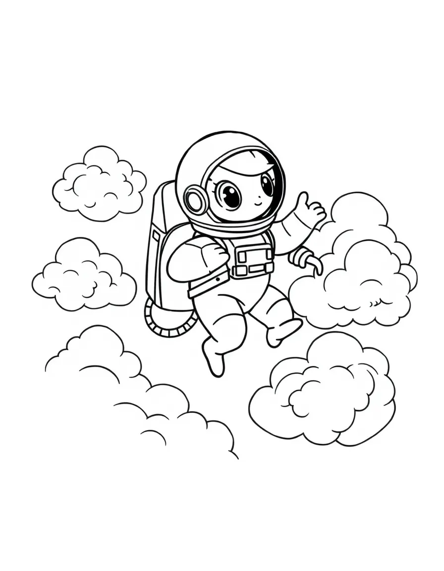 Astronaut harpy floating among clouds with helmet