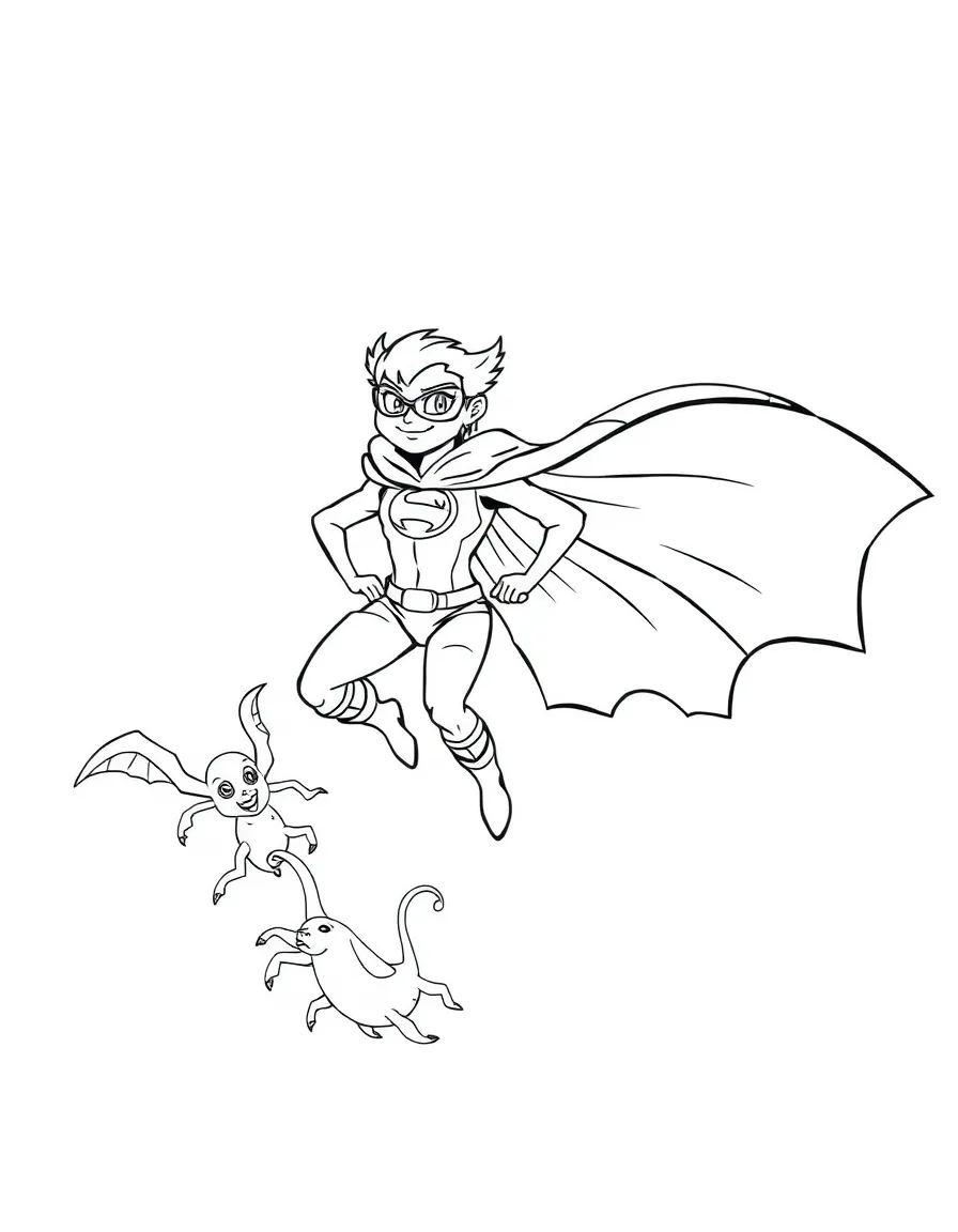 Superhero harpy with flowing cape saving falling creatures
