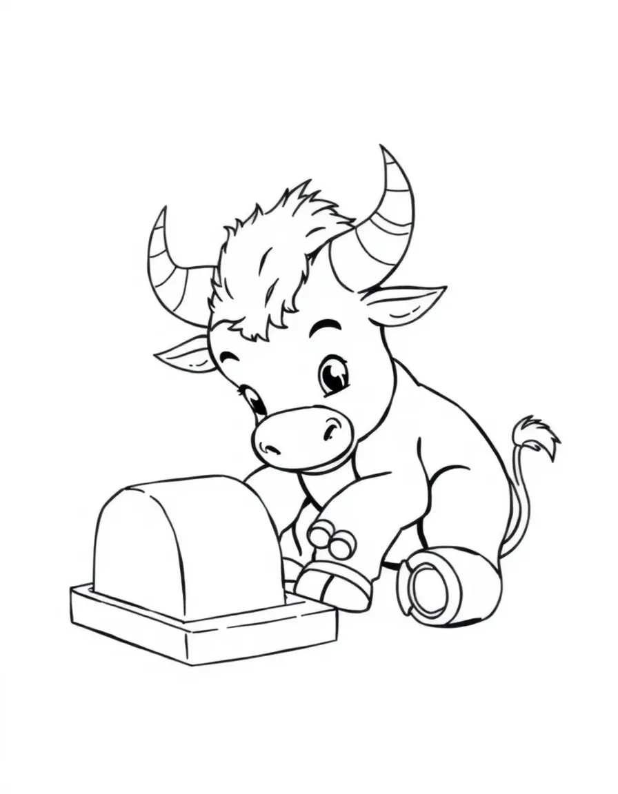 Baby minotaur with tiny horns playing with toy maze