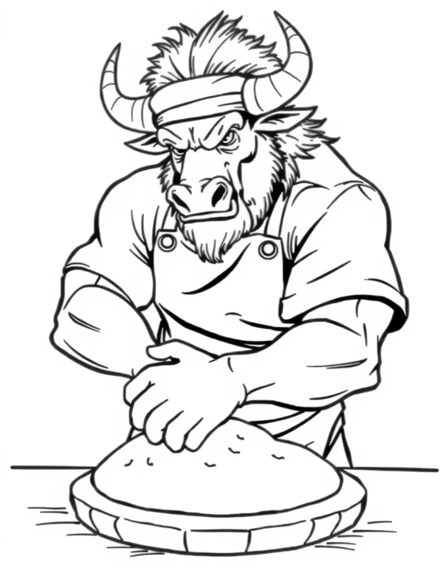 Baker minotaur kneading bread dough with powerful hands