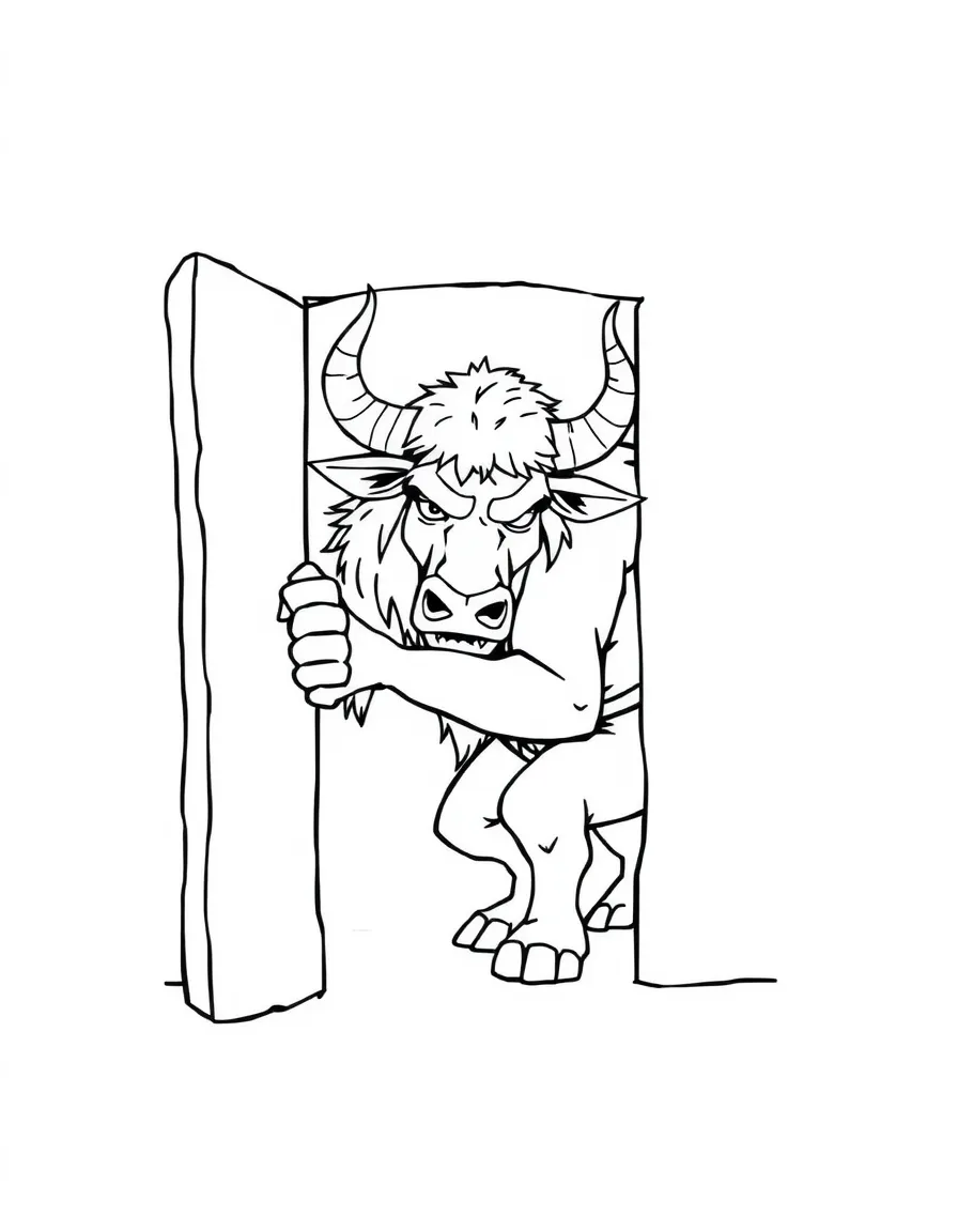 Minotaur trying to fit through small doorway with horns