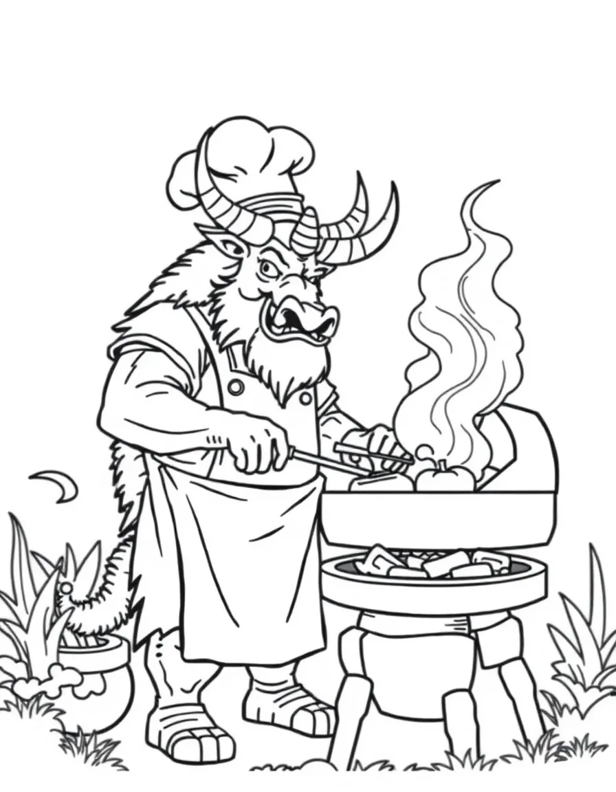 Chef minotaur grilling veggies on outdoor barbecue