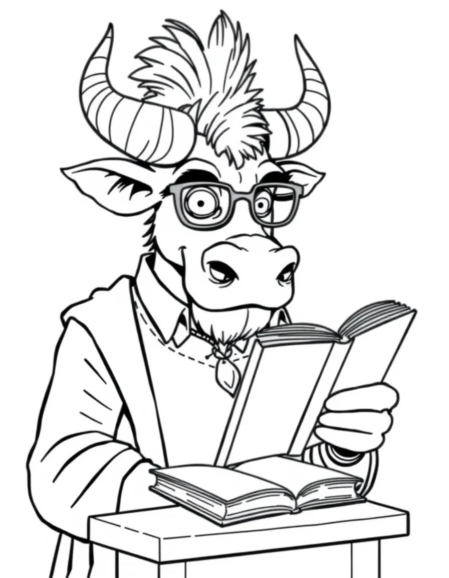 Minotaur teacher with reading glasses and picture book