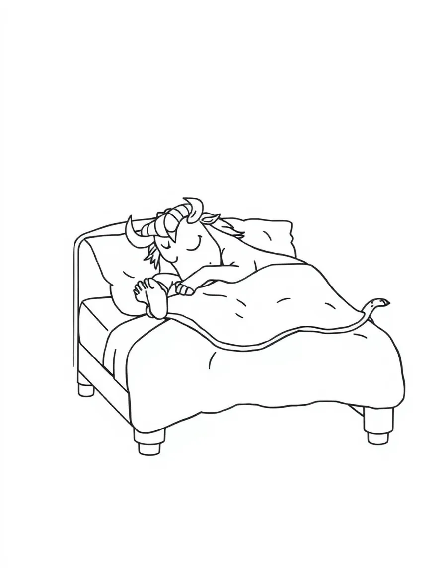 Sleepy minotaur in too-small bed with feet hanging off