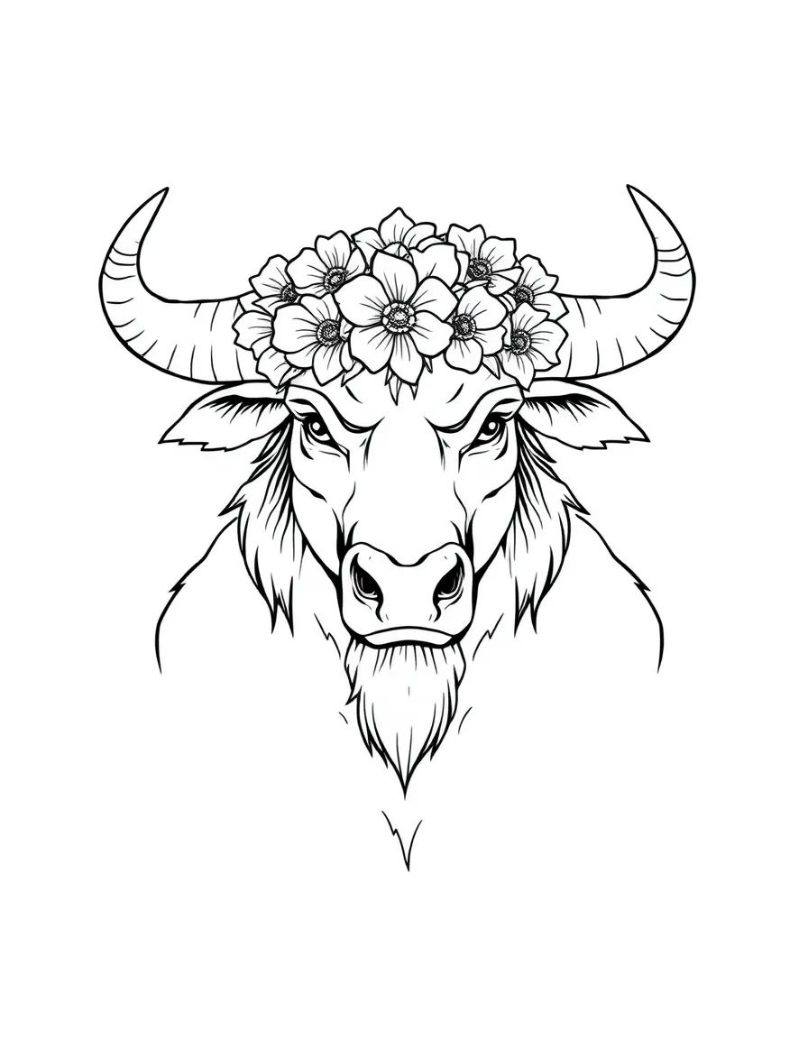 Minotaur wearing flower crown between horns