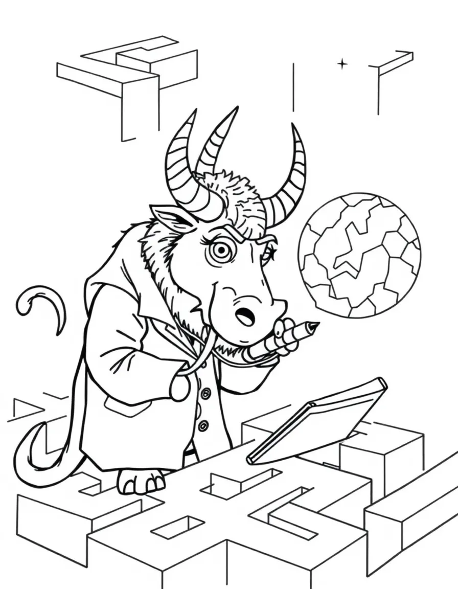 Scientist minotaur studying maze patterns and maps