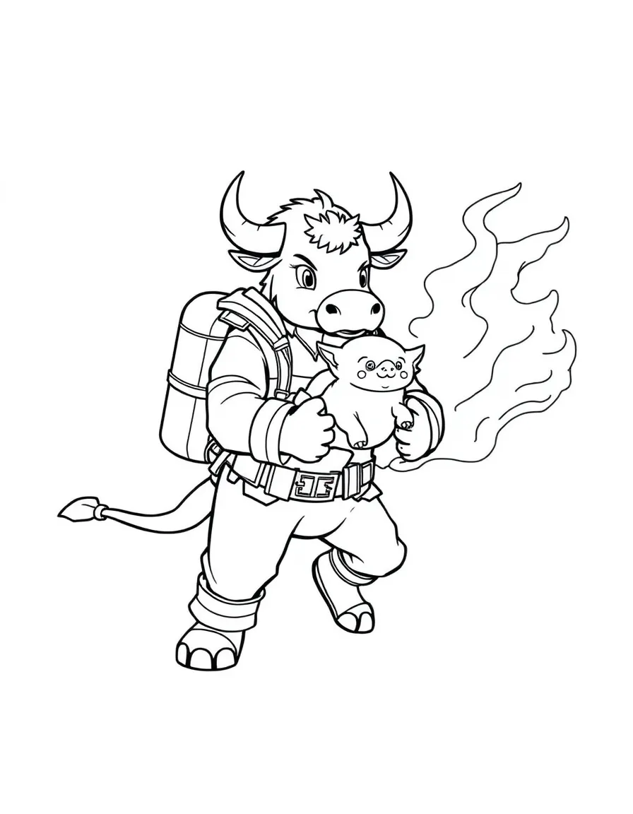 Firefighter minotaur carrying tiny creature to safety