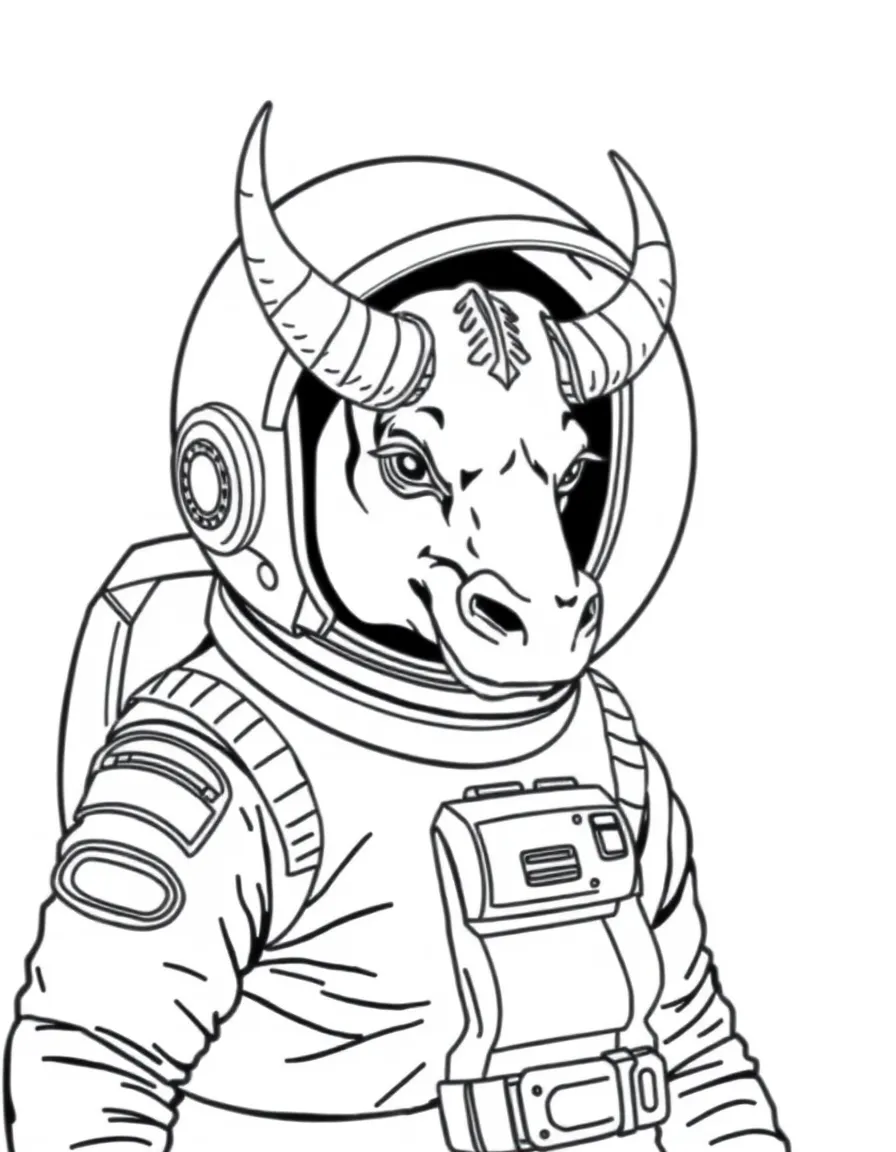 Astronaut minotaur trying to fit horns in space helmet