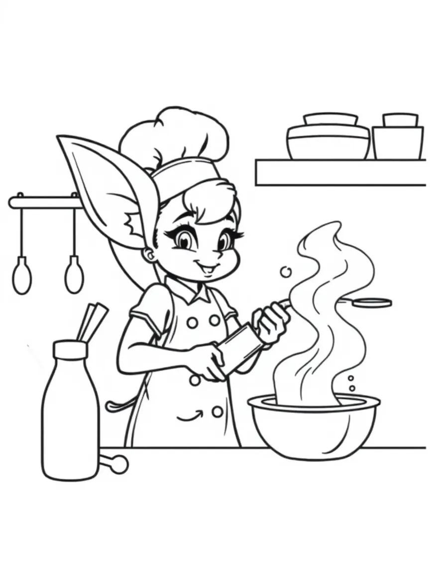 Chef pixie cooking in bottlecap kitchen