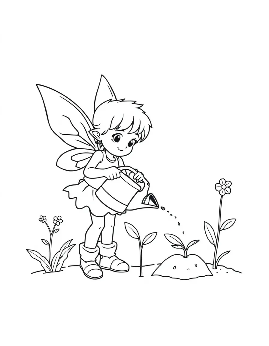 Gardener pixie watering seedling bigger than itself