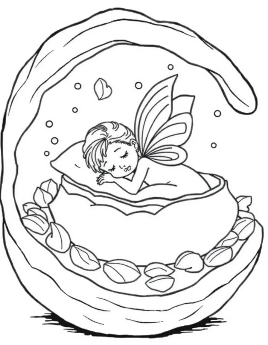 Sleepy pixie in walnut shell bed with petal blanket