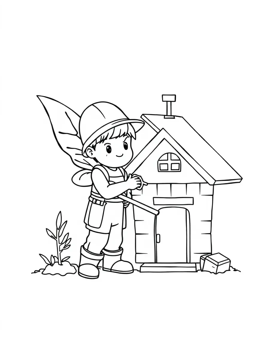 Construction worker pixie building matchstick house