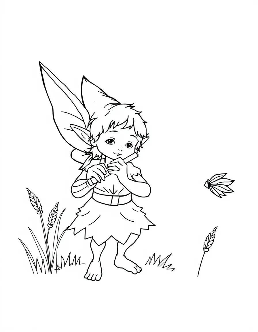 Pixie musician playing music on grass-reed flute