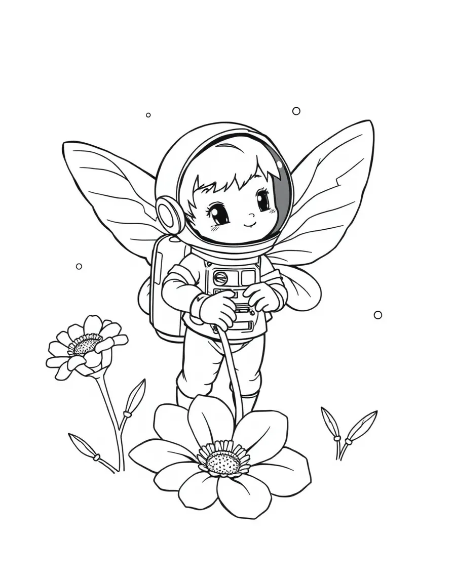 Astronaut pixie with bottle cap helmet exploring flower