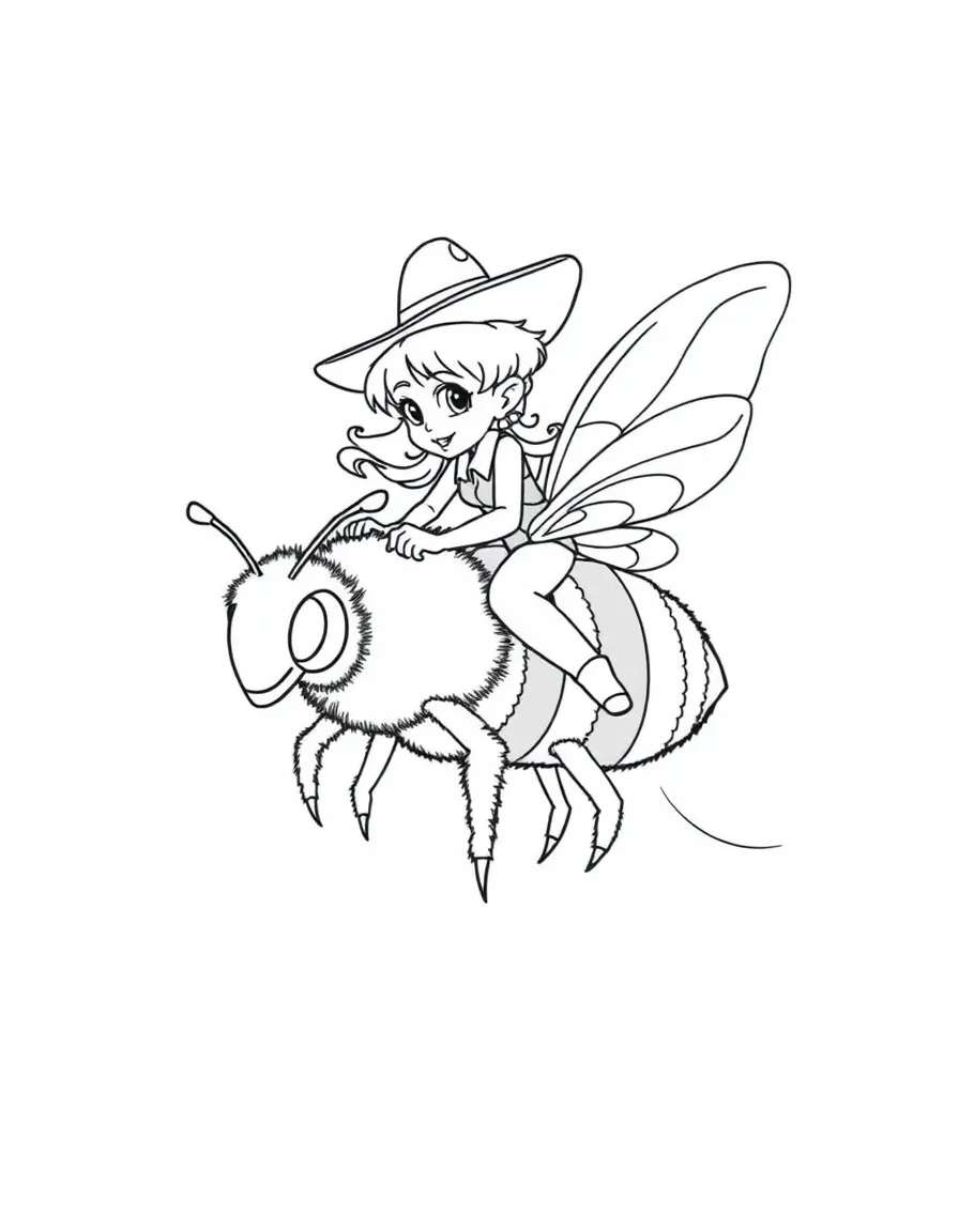 Pixie riding bumblebee like a rodeo cowboy
