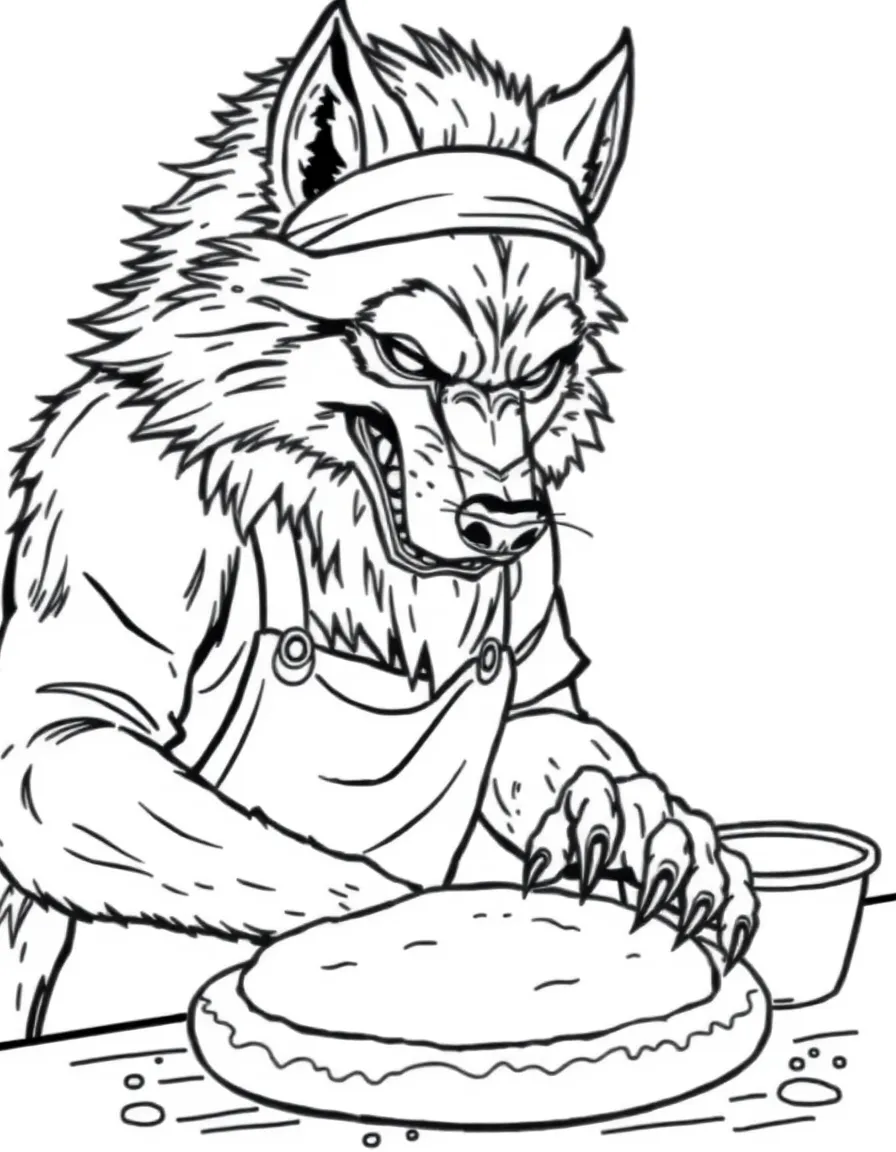 Baker werewolf with flour-dusted fur kneading dough