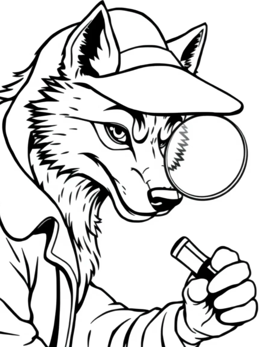 Detective werewolf sniffing for clues with magnifying glass