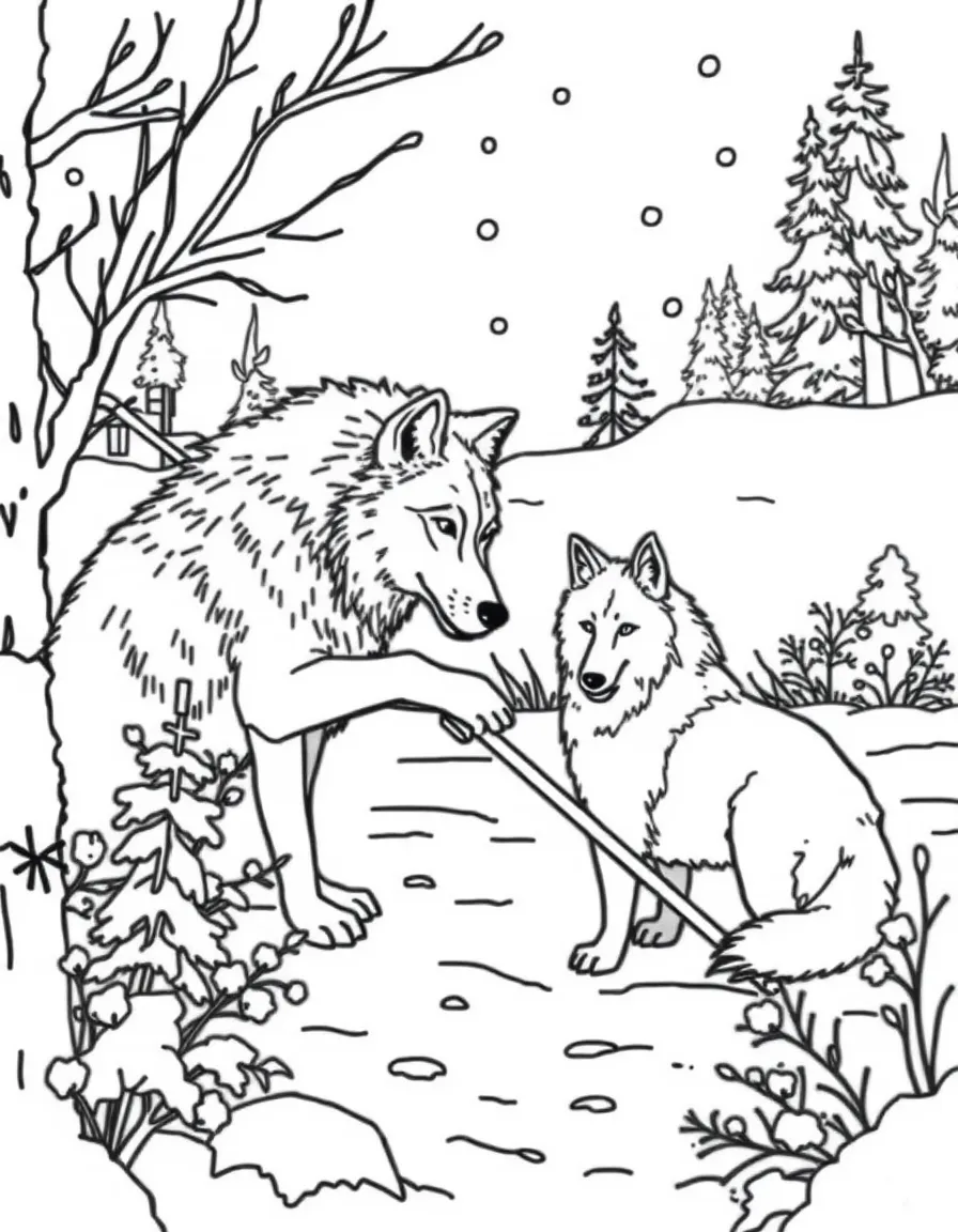Winter werewolf making snow wolves in yard
