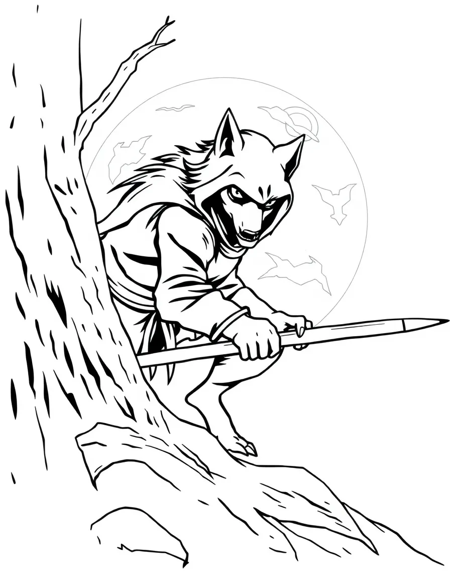 Ninja werewolf sneaking silently in moonlight