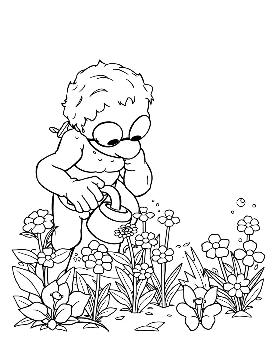 Gardener cyclops carefully watering tiny flowers