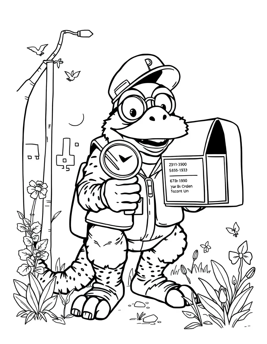 Mail carrier cyclops reading addresses with magnifying glass