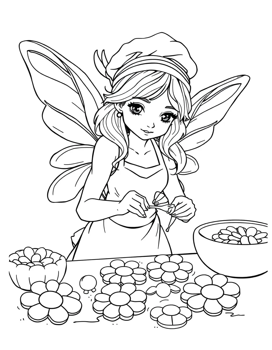 Baker nymph making petal-shaped cookies