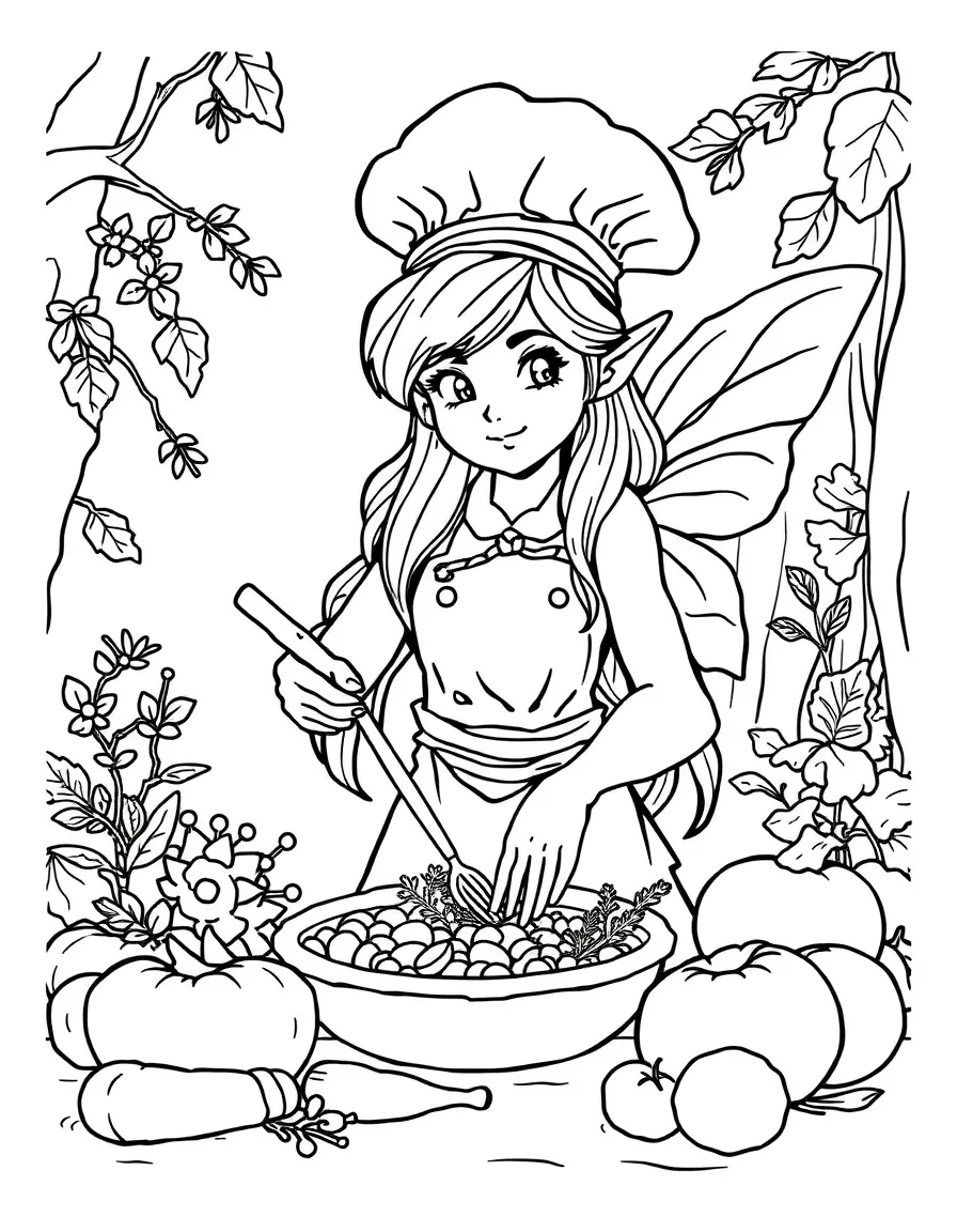 Chef nymph cooking with fresh forest ingredients