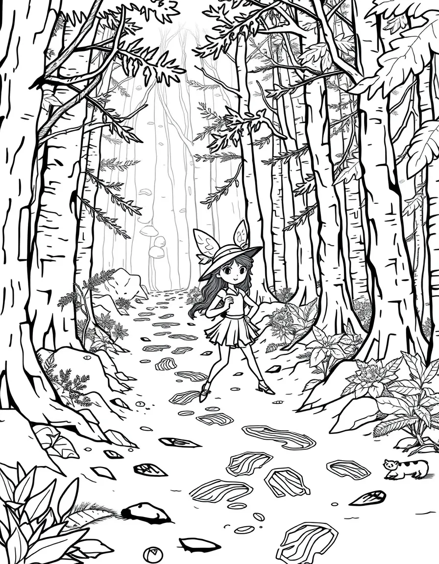 Detective nymph following animal tracks through forest