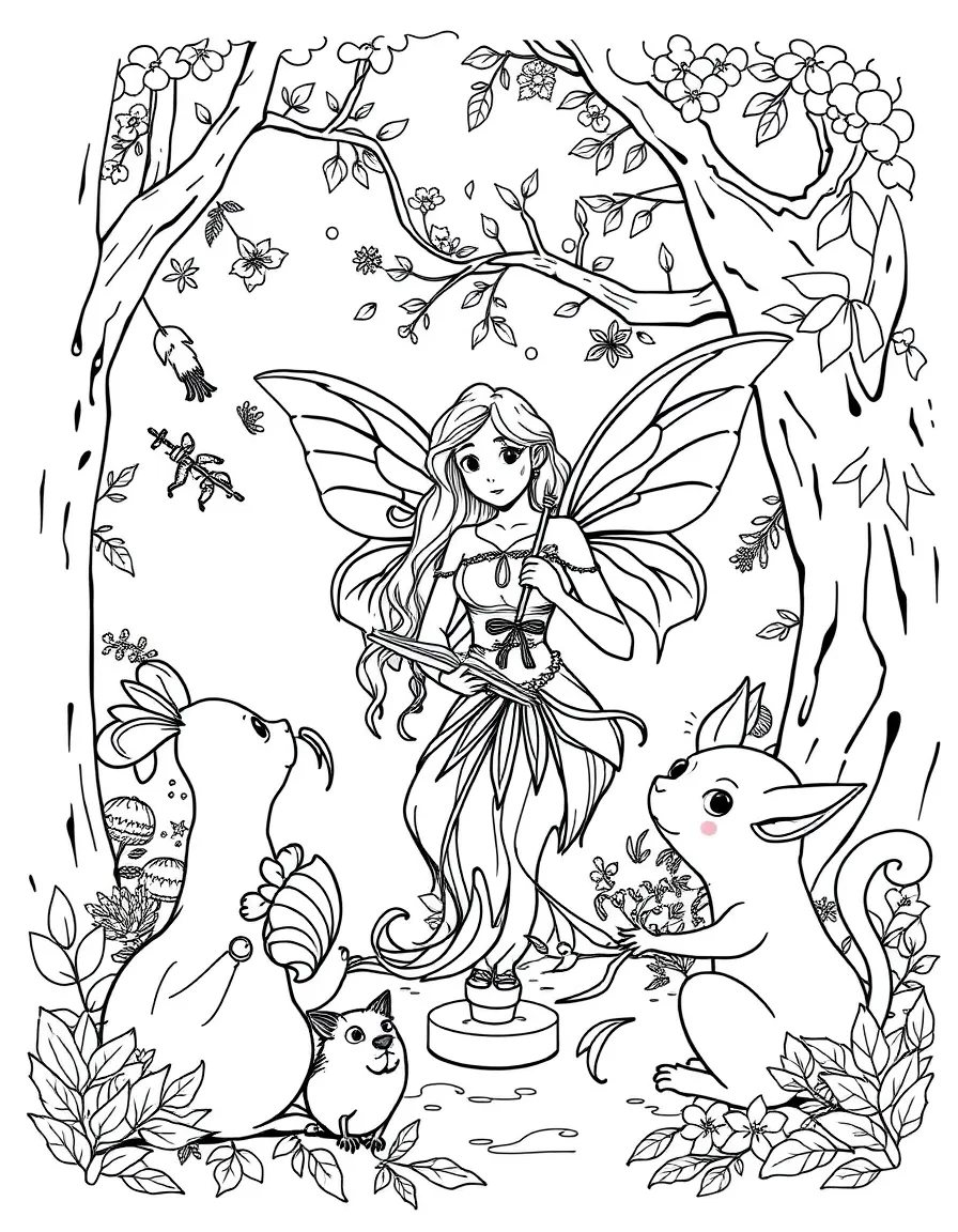 Teacher nymph giving lessons to forest creatures