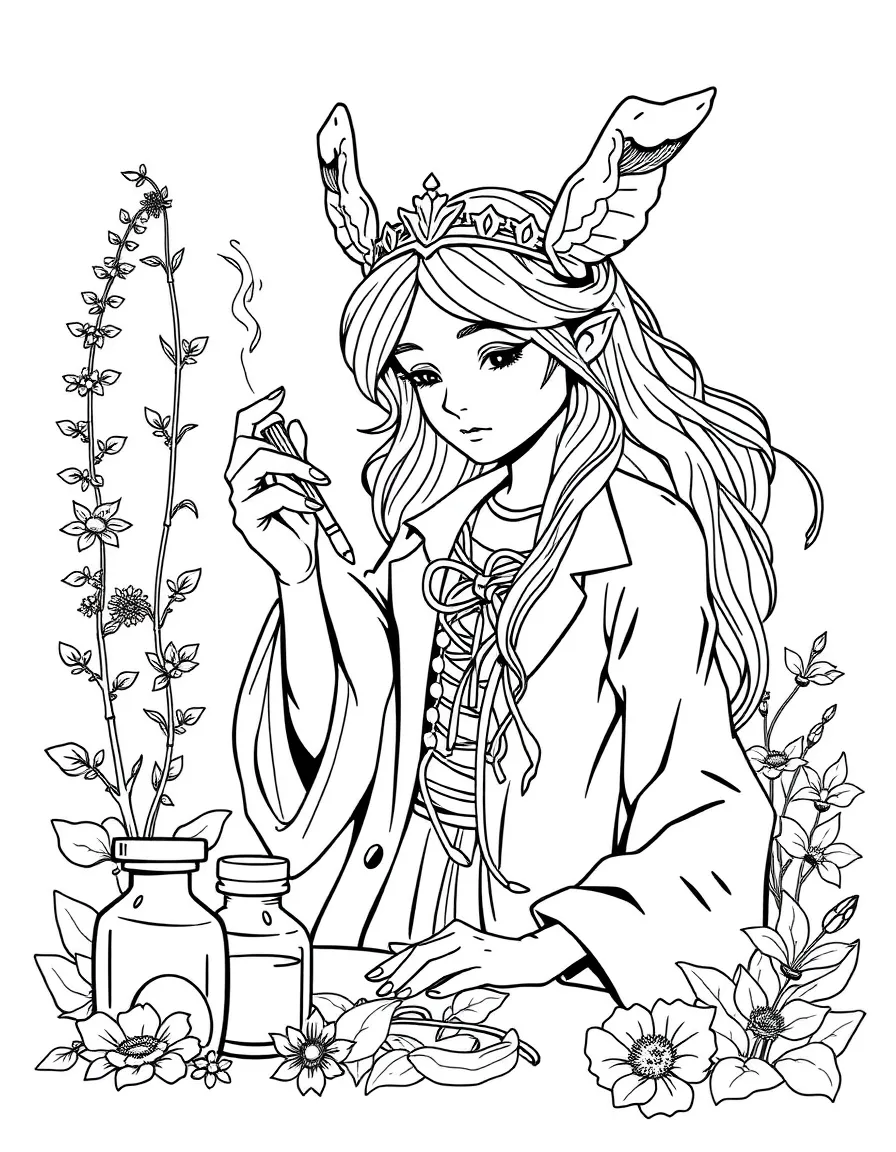 Doctor nymph making medicine from herbs