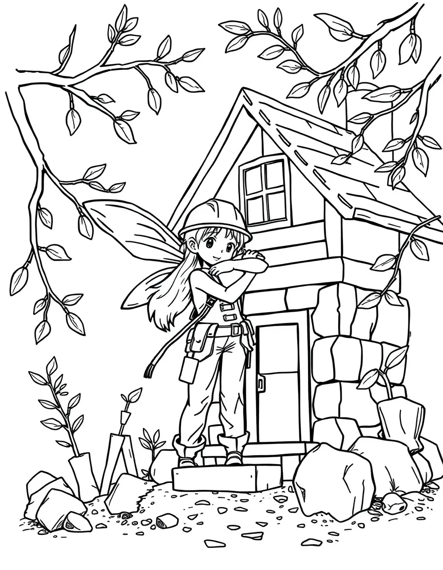 Construction worker nymph building home from branches
