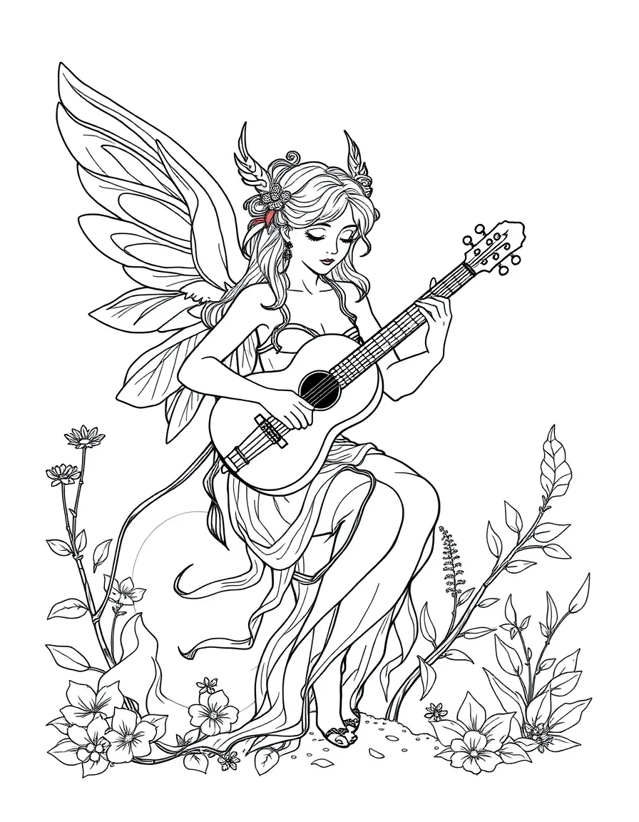 Musician nymph playing instruments made from nature