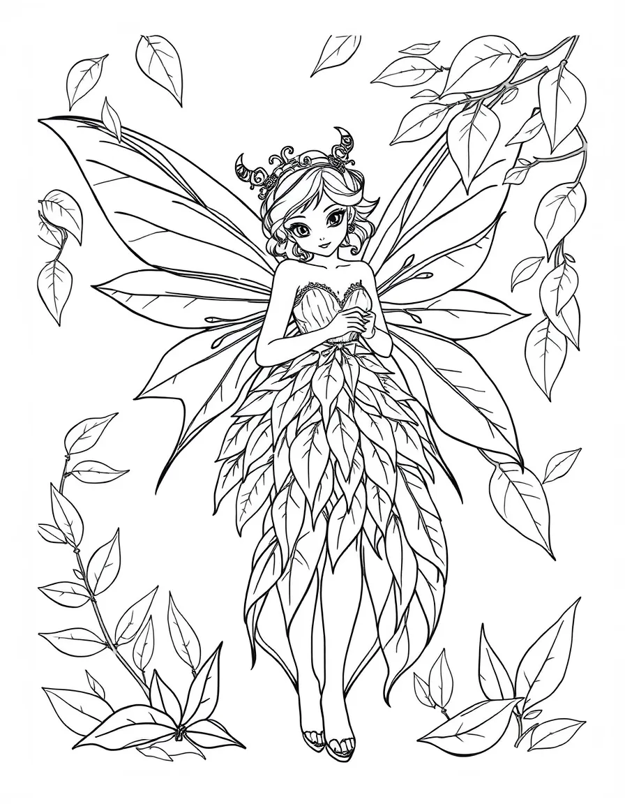 Fashion designer nymph creating clothes from leaves
