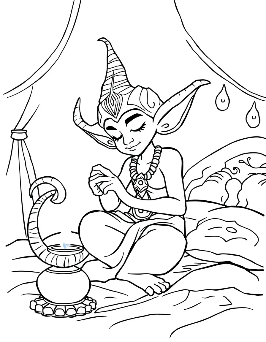 Sleepy djinn whose lamp is a cozy bedroom
