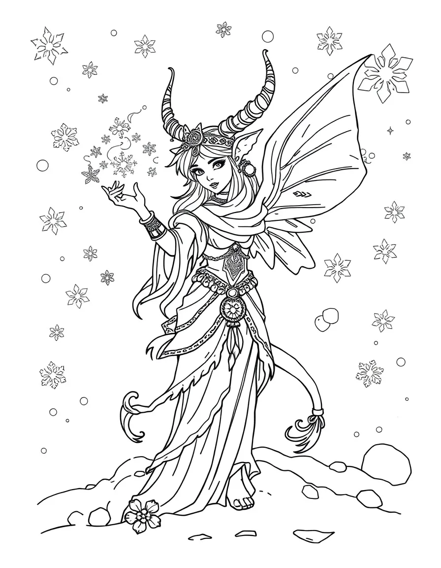Winter djinn creating wishes in snowflakes