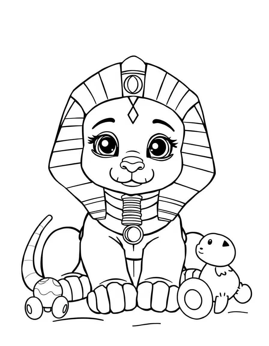 Baby sphinx asking simple riddles to toys
