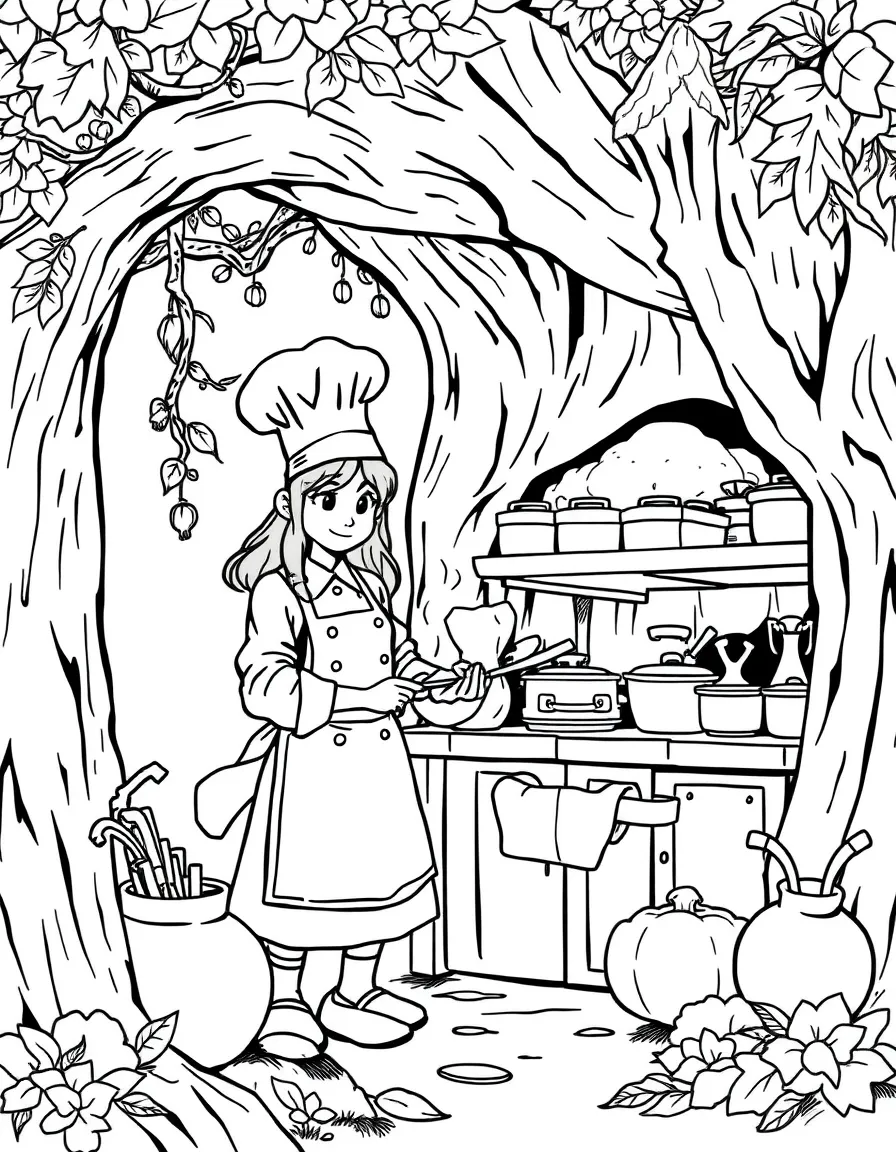 Chef dryad cooking in hollow tree kitchen