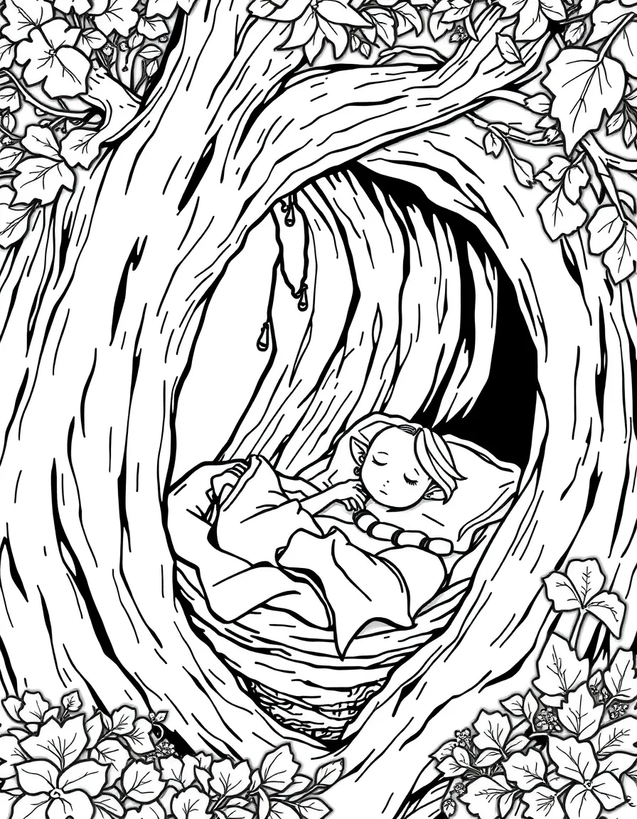 Sleepy dryad nestled in tree hollow bed